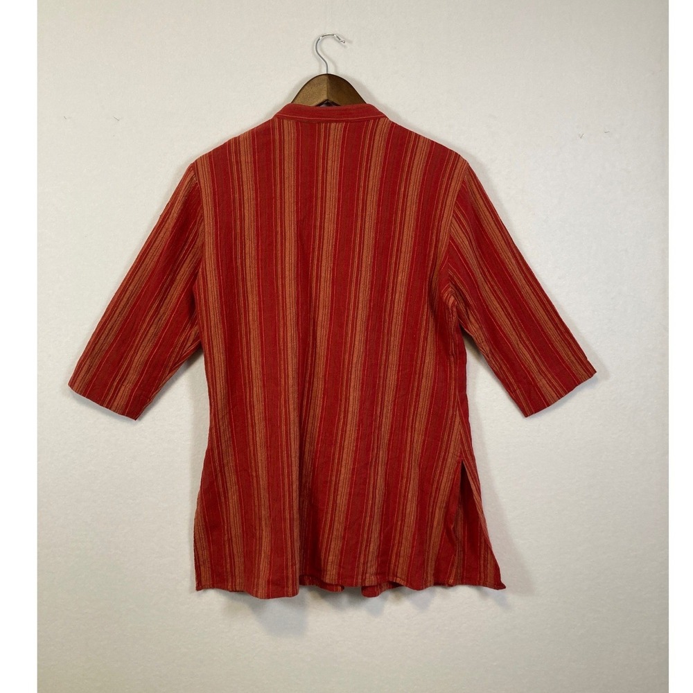 Vtg PUTUMAYO‎ Striped Mandarin Collar 3/4 Sleeve Cotton Button Up Tunic Top M - Picture 2 of 8